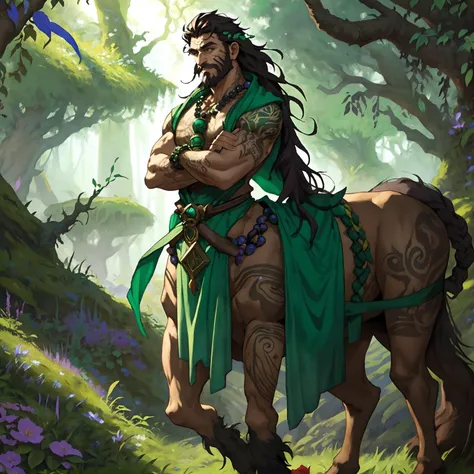 ((a male centaur)), anatomically correct, solo, druid, druidic, nature, healer, round ears, shaman, wild hair, long beard, dark hair, unkempt hair, scars, celtic tattoos, green energy, green magic, sharp eyes, long bead necklace, bead bracelet, trinkets, vines in hair, thick body, wide body,
fantasy setting, outdoors in a fantasy forest, ancient ruins, fey wild, fey, goatee, long back hair, leaves falling, windy, magic the gathering, dungeons and dragons, character concept, character art, character portrait, <lora:Centaur_v3:1>, neutral expression, looking at viewer,
realistic, cartoon, best quality, best resolution, 4k, vivid colors, vivid, high detail, best detail, arms folded,