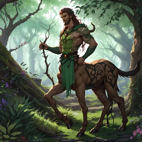 ((a male centaur)), anatomically correct, solo, druid, druidic, nature, healer, round ears,
fantasy setting, outdoors in a fantasy forest, ancient ruins, fey wild, fey, goatee, long back hair, leaves falling, windy, magic the gathering, dungeons and dragons, character concept, character art, character portrait, <lora:Centaur_v3:1>,
realistic, cartoon, best quality, best resolution, 4k, vivid colors, vivid, high detail, best detail