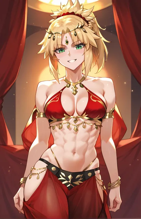 mordred_(fate), fate_(series), 1girl, blonde_hair, green_eyes, wearing edgmes, harem outfit, navel, jewelry, dancer veil, circlet  <lora:(EDG) Harem Dancer:1>, (red outfit, hints of black, gold trim), alluring smile, <lora:TruckKun_Style_Lora:1>, strip_club_venue, lewd pose, <lora:PSC:1>, score_9, score_8_up, score_7_up