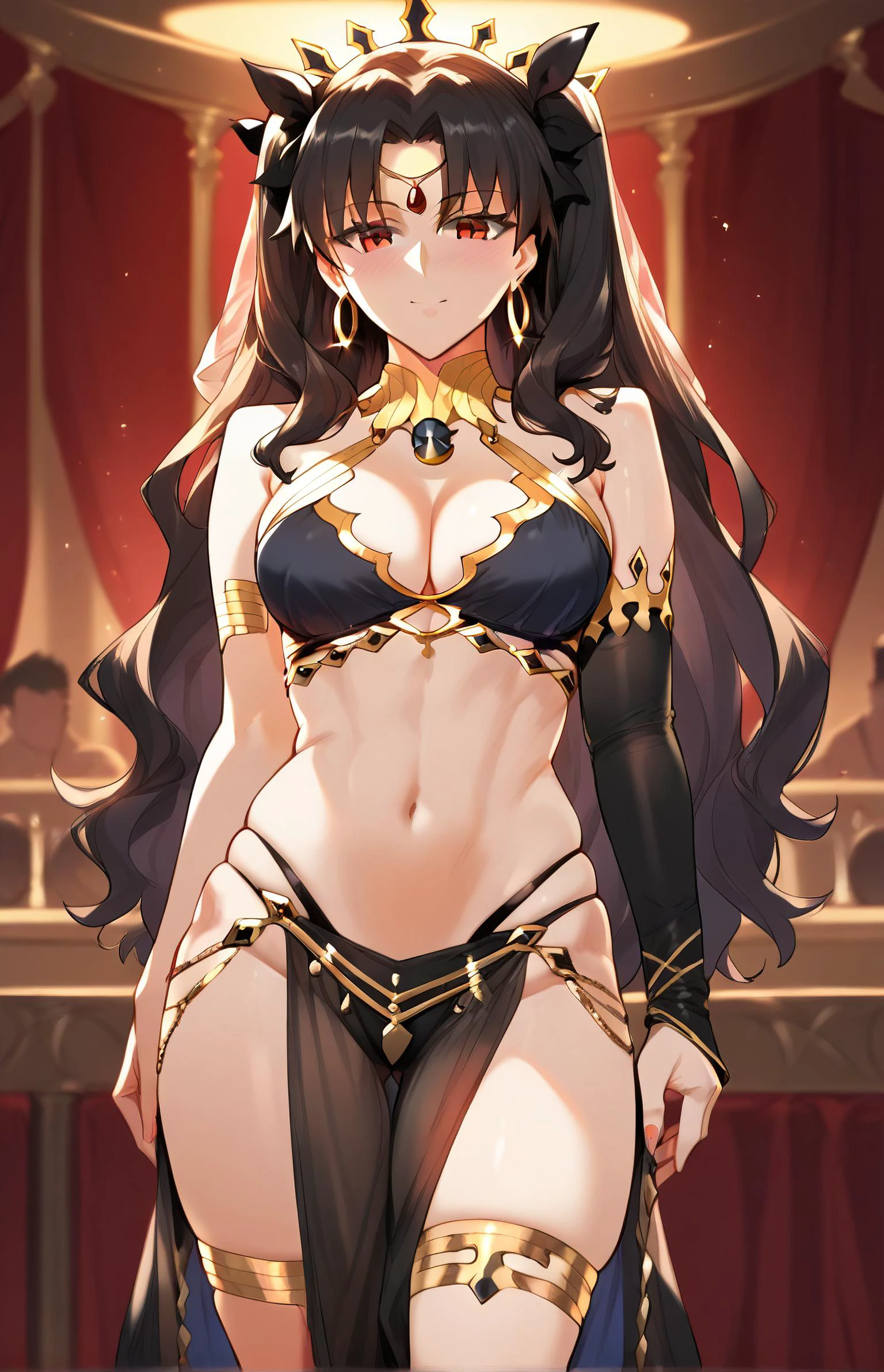 ishtar_(fate), fate_(series), 1girl, red_eyes, black_hair, wearing edgmes, harem outfit, navel, jewelry, dancer veil, circlet <lora:(EDG) Harem Dancer:1>, black outfit, <lora:TruckKun_Style_Lora:1>, strip_club_venue, lewd pose, <lora:PSC:1>, score_9, score_8_up, score_7_up