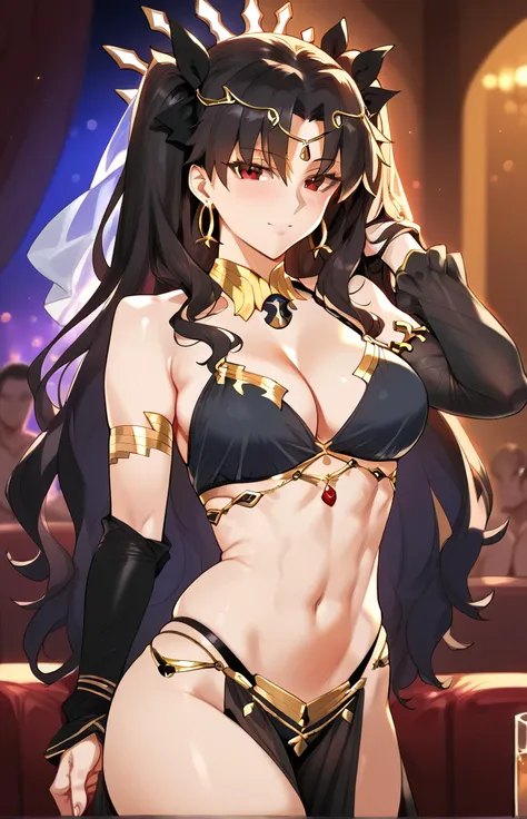 ishtar_(fate), fate_(series), 1girl, red_eyes, black_hair, wearing edgmes, harem outfit, navel, jewelry, dancer veil, circlet  <lora:(EDG) Harem Dancer:1>, black outfit, <lora:TruckKun_Style_Lora:1>, strip_club_venue, lewd pose, <lora:PSC:1>, score_9, score_8_up, score_7_up