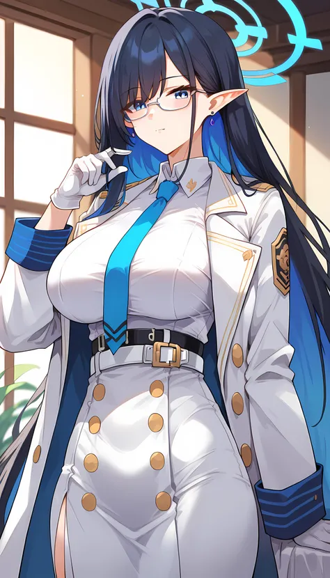 <lora:TruckKun_Style_Lora_V3:0.7>, score_9, score_8_up, score_7_up, nanakami_rin_(blue_archive), blue_archive_(series), 1girl, multicolored hair, jewelry, blue necktie, earrings, white coat, bangs, gloves, large breasts, blue eyes, long sleeves, shirt, breasts, colored inner hair, closed mouth, pointy ears, collared dress, glasses, belt, blue hair, very long hair, coat, white belt, white gloves, black hair,