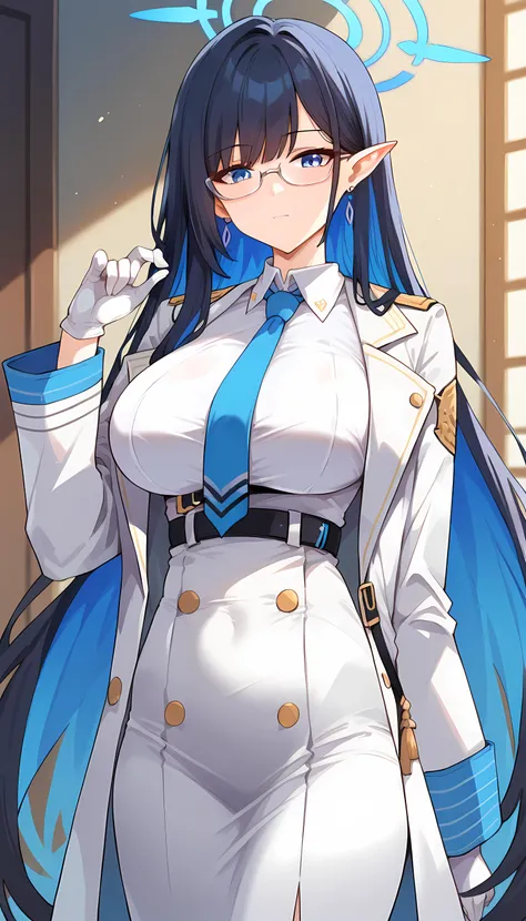 <lora:TruckKun_Style_Lora_V3:0.7>, score_9, score_8_up, score_7_up, nanakami_rin_(blue_archive), blue_archive_(series), 1girl, multicolored hair, jewelry, blue necktie, earrings, white coat, bangs, gloves, large breasts, blue eyes, long sleeves, shirt, breasts, colored inner hair, closed mouth, pointy ears, collared dress, glasses, belt, blue hair, very long hair, coat, white belt, white gloves, black hair,