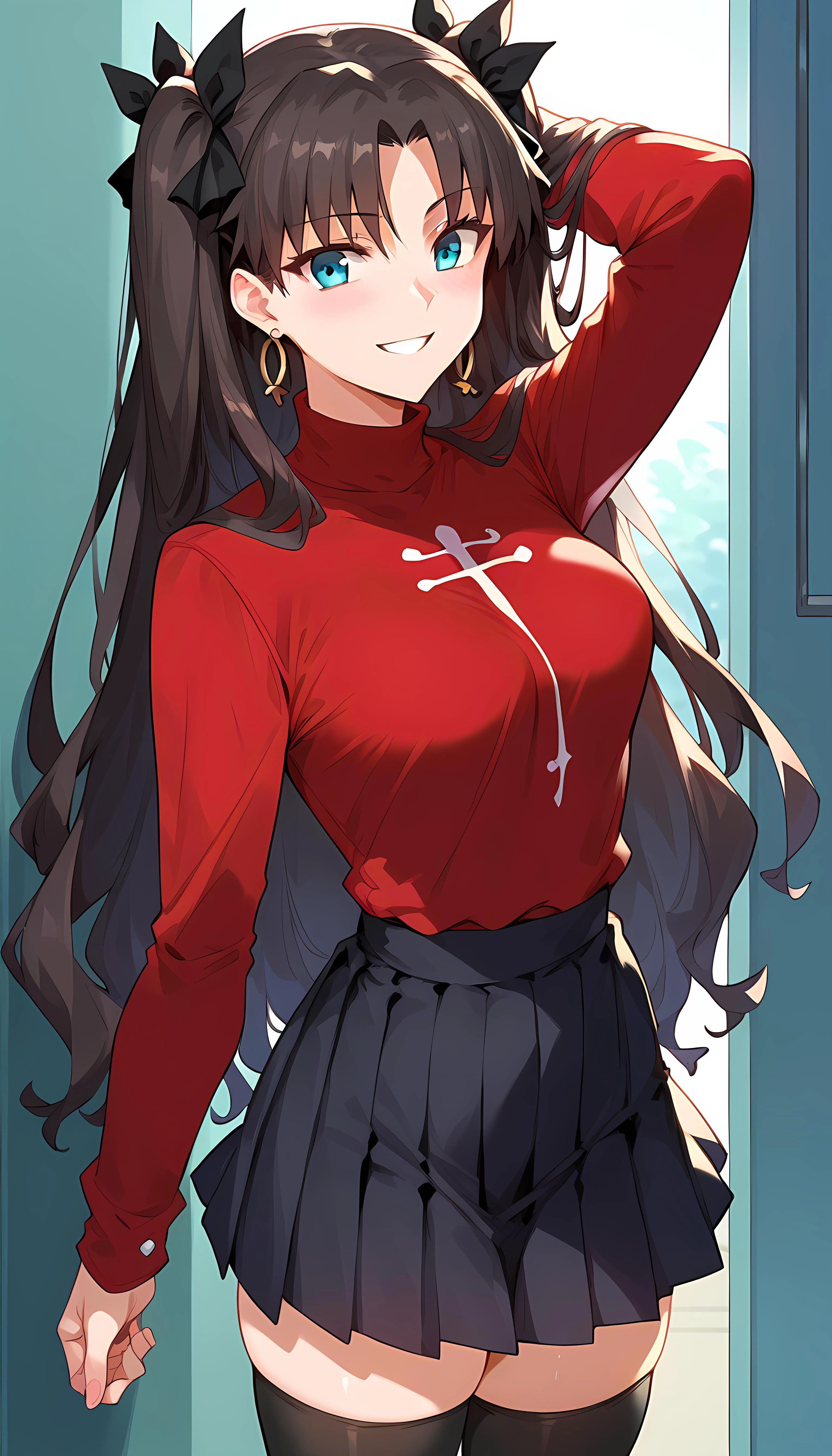 <lora:TruckKun_Style_Lora_V3:0.7>, score_9, score_8_up, score_7_up, tohsaka_rin, fate_(series), 1girl, blue_eyes, black_hair, red turtleneck, long sleeves, pleated skirt, black skirt, black thighhighs, smile
