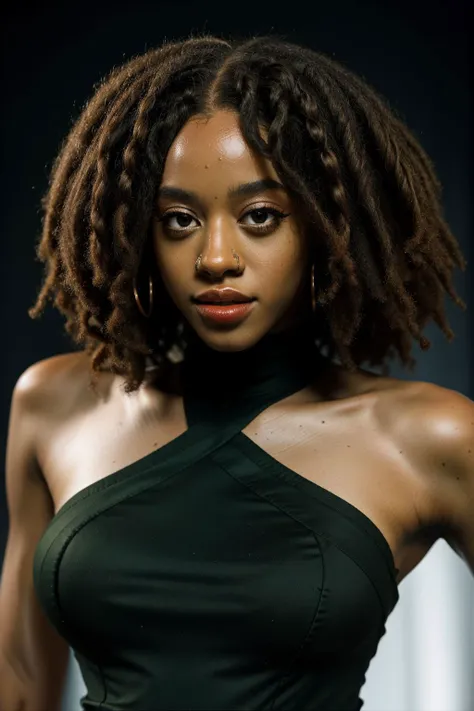 glam (beauty photo:1.3) headshot of a female
<lora:StormiMaya_v1.0:1> StormiMaya
in a dark theme simple dark glowing background,
(neat and perfect small sisterlocks dreadlocks:1.3) , detailed intricate hair strands, detailed hairline, detailed skin tone, detailed skin complexion, (TELIER VERSACE 1999 Black Strapless (Boned A-line Front Slit Dress:1.3)),
(intricate skin details:1.3),
detailed shining eyes, detailed pupils
<lora:epiCRealismHelper:1>
Nikon D850 film stock photograph Kodak Portra 400 camera f1.6 lens, rich colors, lifelike texture, dramatic lighting, dynamic composition, unreal engine, trending on ArtStation, cinestill 800 tungsten, in the style of David Hamilton photography
(plunging neckline:-1.25) (bad quality:-1) (low quality:-1) (worst quality:-1) (blurry:-1) (teeth:-1) (neon:-1)