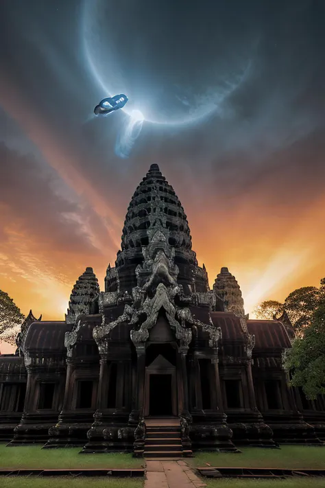 RAW photograph of a (angkor wat) at night,with (5un5p0t sun:0.9)(rising high in the sky above),with sunspots and solar flares,HDR,(wide angle shot),sharp focus,(highly detailed),(8k wallpaper),intricately detailed,highres,absurdres,hyper realistic,8K UHD DSLR,IMAX,extremely intricate,4k textures,cinematic look),hyperdetailed,<lora:C0r0n4_06B-000002:0.9>,