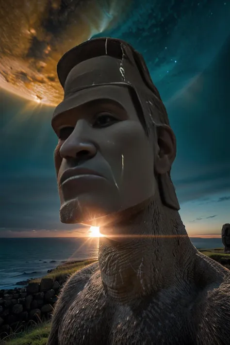 RAW photograph of a (Easter Island Heads) at night,with (5un5p0t sun:0.9)(rising high in the sky above),with sunspots and solar flares,HDR,(wide angle shot),sharp focus,(highly detailed),(8k wallpaper),intricately detailed,highres,absurdres,hyper realistic,8K UHD DSLR,IMAX,extremely intricate,4k textures,cinematic look),hyperdetailed,<lora:C0r0n4_06B-000002:0.9>,