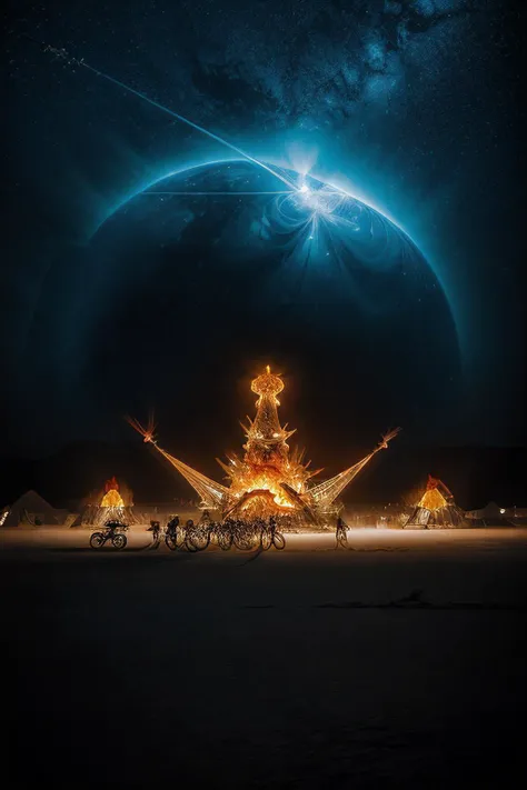 a RAW photograph of the (burning man festival:1.2),with (5un5p0t sun:0.9)(rising high in the sky above),with sunspots and solar flares,in a starry sky, dark at night,HDR,(wide angle shot:1.2),sharp focus,(highly detailed),(8k wallpaper),intricately detailed,highres,absurdres,hyper realistic,8K UHD DSLR,IMAX,extremely intricate,4k textures,cinematic look),hyperdetailed,<lora:C0r0n4_06B-000002:0.9>,