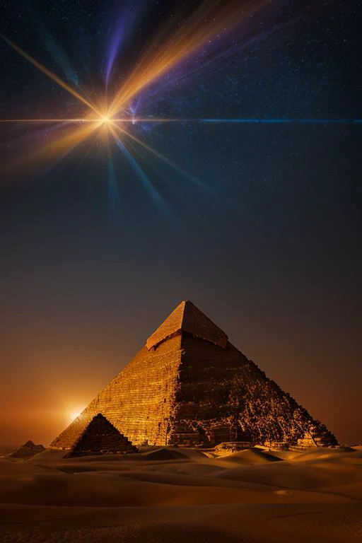 RAW photograph of a (Giza Pyramids in Egypt) at night,with distant (5un5p0t sun:0.9)(rising high in the sky above),with sunspots and solar flares,HDR,(wide angle shot),sharp focus,(highly detailed),(8k wallpaper),intricately detailed,highres,absurdres,hyper realistic,8K UHD DSLR,IMAX,extremely intricate,4k textures,cinematic look),hyperdetailed,<lora:C0r0n4_06B-000002:0.9>,