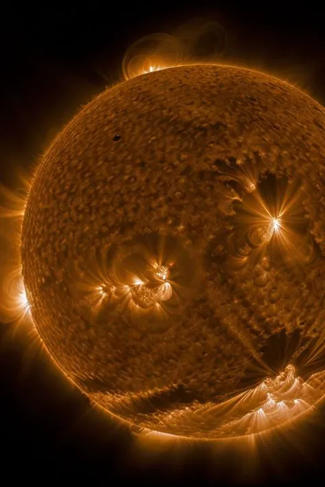 a RAW photograph of a distant (5un5p0t sun:1.2)with sunspots and solar flares,in vast empty outer space,HDR,(wide angle shot:1.2),sharp focus,(highly detailed),(8k wallpaper),intricately detailed,highres,absurdres,hyper realistic,8K UHD DSLR,IMAX,extremely intricate,4k textures,cinematic look),hyperdetailed,<lora:C0r0n4_06B-000002:0.9>,