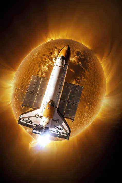 a RAW photograph of the (Space Shuttle:1.2) orbiting a (5un5p0t sun:0.9) with sunspots and solar flares,(in the background),in space,HDR,(wide angle shot:1.2),sharp focus,(highly detailed),(8k wallpaper),intricately detailed,highres,absurdres,hyper realistic,8K UHD DSLR,IMAX,extremely intricate,4k textures,cinematic look),hyperdetailed,<lora:C0r0n4_06B-000002:0.9>,