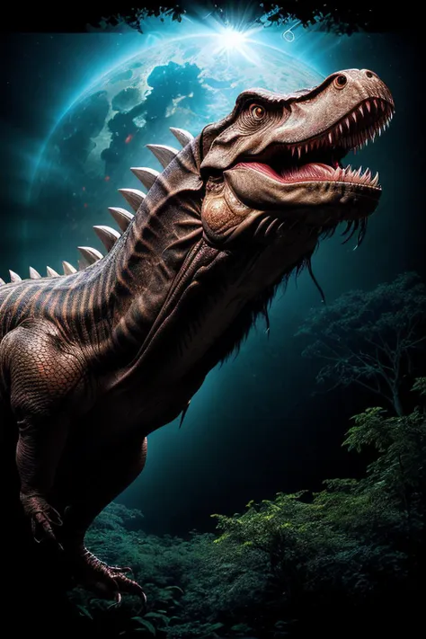 RAW photograph of a (tyrannosaurus dinosaur) in a jungle at night,with (5un5p0t sun:0.9)(rising high in the sky above),with sunspots and solar flares,HDR,(wide angle shot),sharp focus,(highly detailed),(8k wallpaper),intricately detailed,highres,absurdres,hyper realistic,8K UHD DSLR,IMAX,extremely intricate,4k textures,cinematic look),hyperdetailed,<lora:C0r0n4_06B-000002:0.9>,