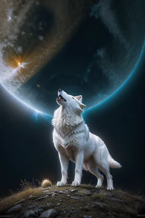 a RAW photograph of a (white wolf howling at the sky:1.1),standing on a hill, with (5un5p0t sun:0.9)(rising high in the sky above),with sunspots and solar flares,HDR,(wide angle shot),sharp focus,(highly detailed),(8k wallpaper),intricately detailed,highres,absurdres,hyper realistic,8K UHD DSLR,IMAX,extremely intricate,4k textures,cinematic look),hyperdetailed,<lora:C0r0n4_06B-000002:0.9>,