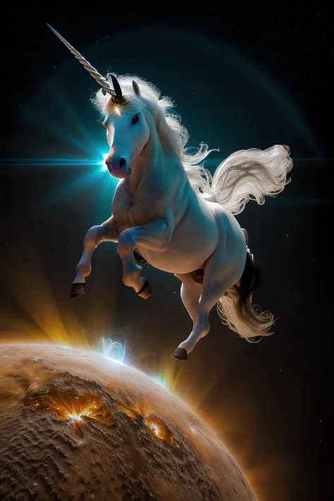 RAW photograph of a (white and black unicorn:1.1) jumping high above (5un5p0t sun:0.9)below,with sunspots and solar flares,HDR,(side view:1.1),(wide angle shot),sharp focus,(highly detailed),(8k wallpaper),intricately detailed,highres,absurdres,hyper realistic,8K UHD DSLR,IMAX,extremely intricate,4k textures,cinematic look),hyperdetailed,<lora:C0r0n4_06B-000002:0.9>,