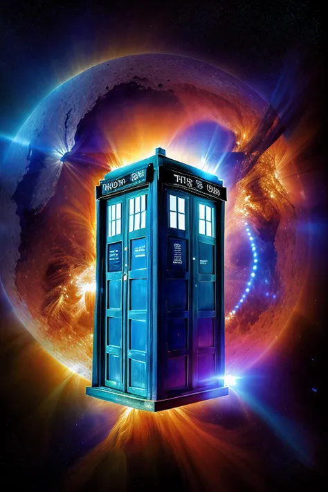 a RAW photograph of the (TARDIS:1.2) orbiting a (5un5p0t sun:0.9) with sunspots and solar flares,(in the background),in space,HDR,(wide angle shot:1.2),sharp focus,(highly detailed),(8k wallpaper),intricately detailed,highres,absurdres,hyper realistic,8K UHD DSLR,IMAX,extremely intricate,4k textures,cinematic look),hyperdetailed,<lora:C0r0n4_06B-000002:0.9>,