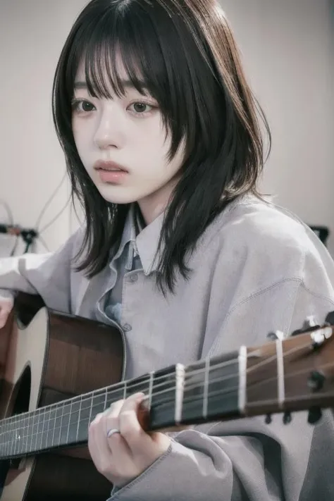 (yagi, thick lips:1.4, soft lips), soft light, best lighting, (RAW photo, best quality), (realistic, photo-realistic:1), masterpiece, an extremely delicate and beautiful, extremely detailed, 2k wallpaper, Amazing, finely detail, extremely detailed CG unity 8k wallpaper, ultra-detailed, highres, soft light, beautiful detailed girl, detailed face, extremely detailed eyes and face, beautiful detailed nose, beautiful detailed eyes, slender body, <lora:yagi-06:1.2>, playing guitar. wearing oversized clothes,