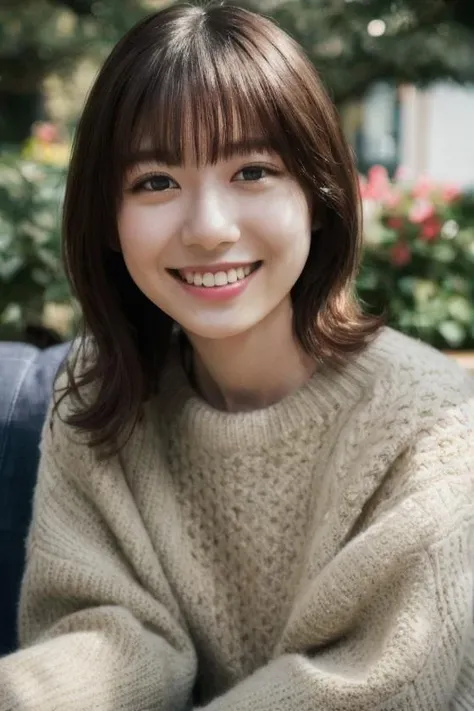 (yagi), soft light, best lighting, (RAW photo, best quality), (realistic, photo-realistic:1), masterpiece, an extremely delicate and beautiful, extremely detailed, 2k wallpaper, Amazing, finely detail, extremely detailed CG unity 8k wallpaper, ultra-detailed, highres, soft light, beautiful detailed girl, detailed face, extremely detailed eyes and face, beautiful detailed nose, beautiful detailed eyes, slender body, <lora:yagi-06:0.8>, wearing sweater, sit on couch, wide smile, smiling, hand up, outside, outdoors,