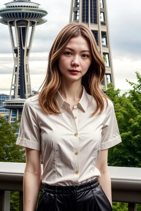 European woman, closeup, sandals, (shirt), pants, (seattle space needle), ZM_chelsea, wide shoulders, perfect face, (contact iris: 1.1), pale skin, skin pores , looking_at_viewer, depth of field