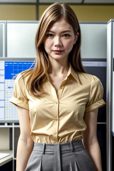 European woman, closeup, sandals, (shirt), pants, (office cubicle), ZM_chelsea, wide shoulders, perfect face, (contact iris: 1.1), pale skin, skin pores , looking_at_viewer, depth of field