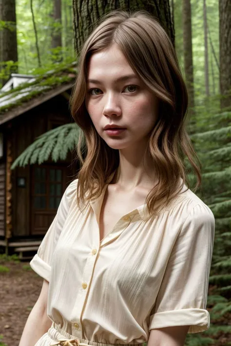 European woman, closeup, sandals, (shirt), pants, (cabin in the woods), ZM_chelsea, wide shoulders, perfect face, (contact iris: 1.1), pale skin, skin pores , looking_at_viewer, depth of field