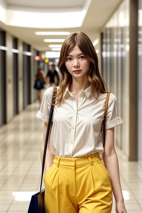 European woman, closeup, sandals, (shirt), pants, (shopping mall hallway), ZM_chelsea, wide shoulders, perfect face, (contact iris: 1.1), pale skin, skin pores , looking_at_viewer, depth of field