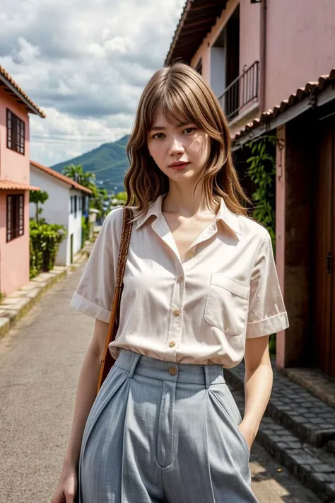 European woman, closeup, sandals, (shirt), pants, (favela houses), ZM_chelsea, wide shoulders, perfect face, (contact iris: 1.1), pale skin, skin pores , looking_at_viewer, depth of field