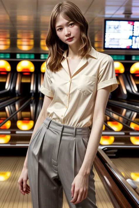 European woman, closeup, sandals, (shirt), pants, (bowling alley), ZM_chelsea, wide shoulders, perfect face, (contact iris: 1.1), pale skin, skin pores , looking_at_viewer, depth of field