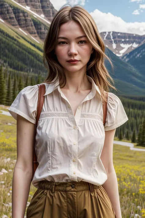 European woman, closeup, sandals, (shirt), pants, (rocky mountain national park), ZM_chelsea, wide shoulders, perfect face, (contact iris: 1.1), pale skin, skin pores , looking_at_viewer, depth of field