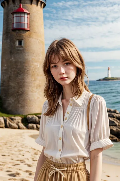 European woman, closeup, sandals, (shirt), pants, (beach lighthouse), ZM_chelsea, wide shoulders, perfect face, (contact iris: 1.1), pale skin, skin pores , looking_at_viewer, depth of field