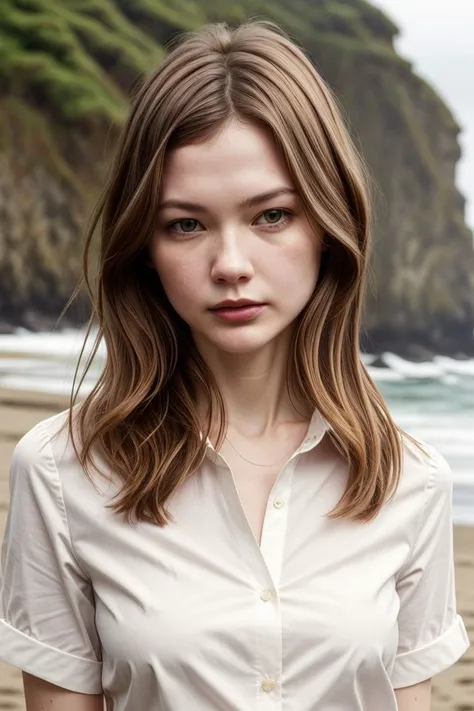 European woman, closeup, sandals, (shirt), pants, (oregon coast), ZM_chelsea, wide shoulders, perfect face, (contact iris: 1.1), pale skin, skin pores , looking_at_viewer, depth of field