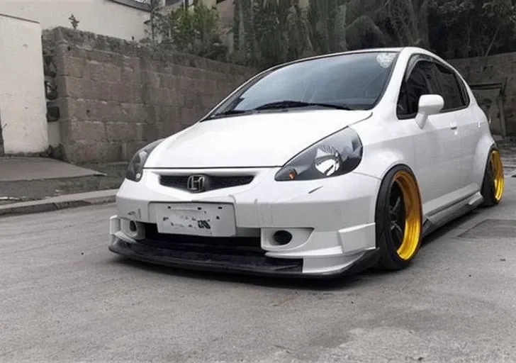 a white honda, lifted, widebody, offroad, orange wheels, front view, sharp image <lora:zeekars:0.6>
