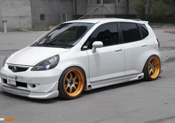 a white honda, lifted, widebody, offroad, orange wheels, front view, sharp image <lora:zeekars:0.6>