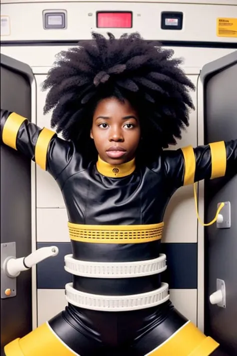 (color photo) of black woman, stationary_restraints, machine, afro hair, analog style, modelshoot style, 35mm, vignette, intricate detail, film grain, portra,  <lora:ConceptMechanicalStationary_v1:1.3>