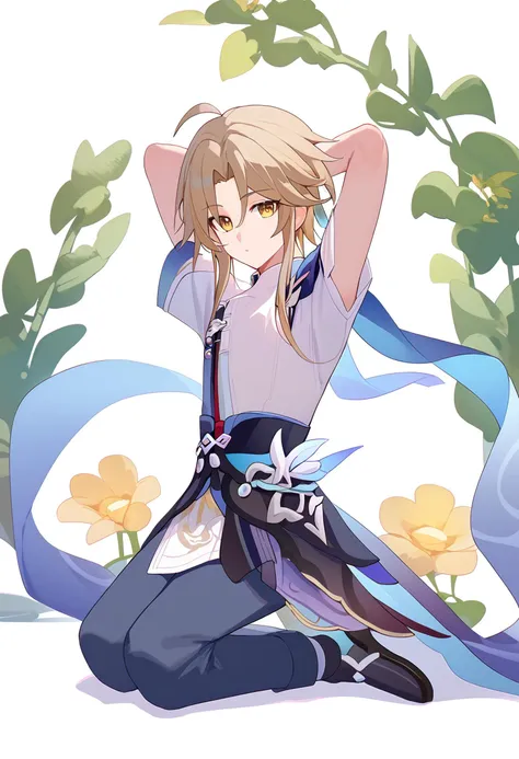 score_9,yanqing \(honkai star rail\),1boy,male focus,ahogekneeling, arms behind head, seiza,solo,looking at viewer,flower,full body,simple background,white background,score_9,<lora:pony_char_yanqing_(honkai_star_rail)-000039:1>