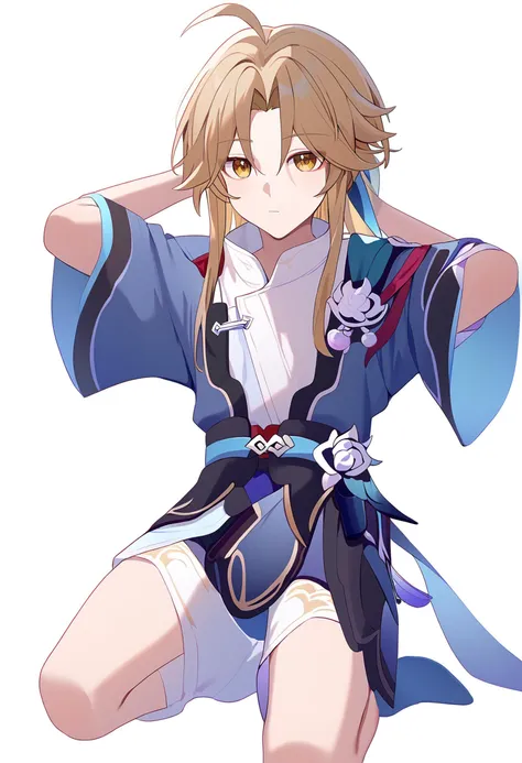 score_9,yanqing \(honkai star rail\),1boy,male focus,ahogekneeling, arms behind head, seiza,solo,looking at viewer,flower,full body,simple background,white background,score_9,<lora:pony_char_yanqing_(honkai_star_rail)-000039:1>