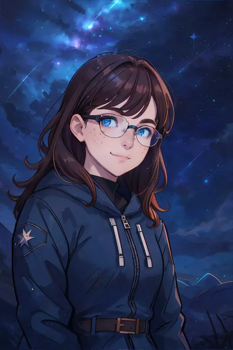 <lora:starrynightscene-gasia:0.7>, starryscene, night time, night sky, outdoors, dynamic lighting, volumetric lighting, <lora:bzl:0.8>, bzl_test, short wavy brown hair, (blue|grey) eyes, glasses, closed smile, (freckles:0.4), masterpiece, 8k, high resolution, shallow depth of field, sharp focus