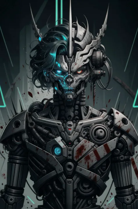 biomechanical style one guy, predatory pupil, shining eyes, aloof expression, ferocious aura, broad shoulders, blood, looking at the viewer <lora:detailed_notrigger:1> <lora:CharacterDesign_Concept:0.5> <lora:art-v5-15:0.8> . blend of organic and mechanical elements, futuristic, cybernetic, detailed, intricate