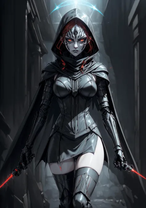 (ultrarealistic photo, masterpiece:1.2), Gorgeous evil sith, hooded assassin girl, (cybernetic left arm), (black glowing electric scimitar), KZ:2, full body, shattered glass aesthetic, (slender body type, (black sith face paint markings)), (action pose), (star wars theme setting, black reflective architecture), ((red and black) leather sexy evil jedi costume, (paneled black metal (split thigh skirt armor), long scarf, short cape, black hood, (metal leg armor), (very pale skin, dark eyeshadow), (hazel eyes (diffraction reflection), thick dark smoky eyeshadow))), light makeup, ((red ginger hair)), freckles on cheeks, ((angry expression, vengeful, rage, looking at camera, best quality, perfect face, RAW photo))