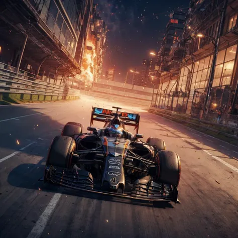 (best quality, masterpiece:1.2), 8k detailed cgi render, thick outlines, strong shadows, <lora:add_detail:0.75>,
futuristic scifi formula1 race, multiple cars, sparks, grinding, flames, overhead view, advanced technology, fusion powered, flashing lights, bloom, race track in background, rubber tire wall, movement, speed, motion blur,