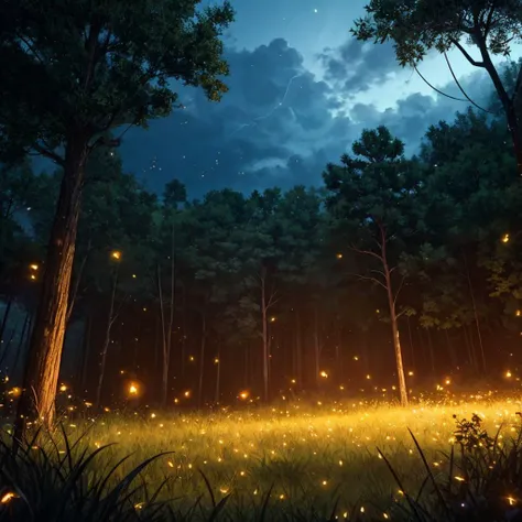 (best quality, masterpiece:1.2), 8k detailed cgi render, thick outlines, strong shadows, <lora:add_detail:0.75>,
grass field, tall grass, dark night, cloudless sky, eerie lighting, fireflies emerging, (fireflies everywhere:1.1), swarms of fireflies, tiny specks of light, insects buzzing, floating particles, serene atmosphere, peaceful,