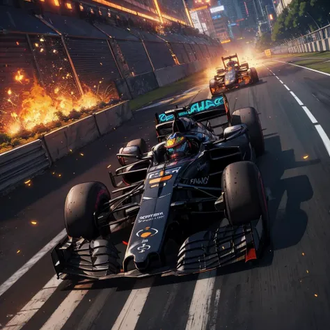 beautiful, linework, thick outlines, strong shadows, <lora:detail_slider_v4:1.0>,
futuristic scifi formula1 race, multiple cars, sparks, grinding, flames, overhead view, advanced technology, fusion powered, flashing lights, bloom, race track in background, rubber tire wall, movement, speed, motion blur,