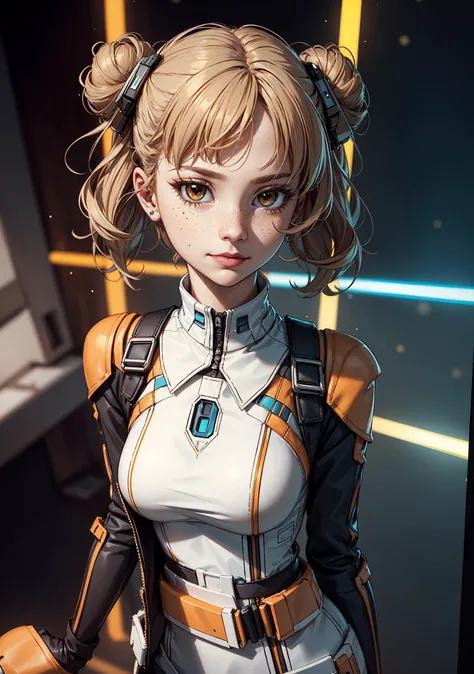 (ultrarealistic photo, masterpiece:1.2), Gorgeous rebel alliance girl pilot, holding helmet, ASCK:2, full body, (slender lithe thin skinny build, (star wars pilot uniform)), (action pose), (star wars theme setting), ((white and orange) sexy x-wing pilot costume, (tall boots , (hazel eyes (phosphene reflection)))), light makeup, light brown hair tied in top bun, freckles on cheeks, ((cocky expression, dutiful, looking at camera, best quality, perfect face, half-smile, RAW photo))