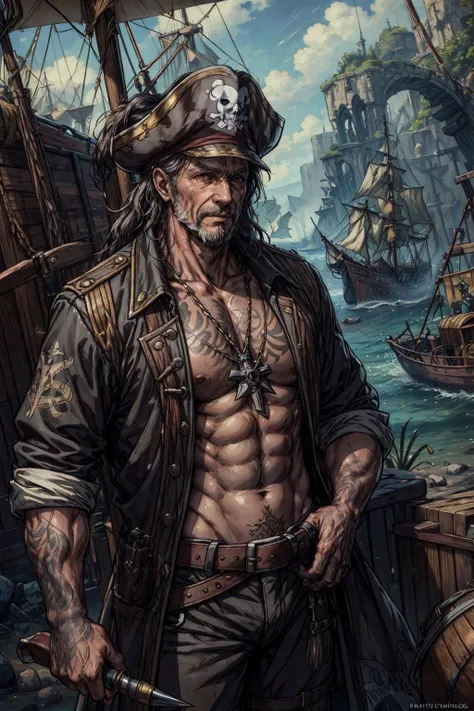 Dark and gloomy whole body 8K uniform rendering, Pirate captain, Pirate hat，strong muscle，skull tattoo，big beard，Rainbow gradient hair, Wearing tattered armor, In a cluttered shack , Motion blurred，action  shot, tattered torn shirt, Cracking of porcelain skin, skin pore, detailed intricate iris, Sail ships，the ocean，very dark lighting, heavyshading, Detailed, Detailed face, (vibrant, photograph realistic, Realistic, Dramatic, Dark, Sharp focus, 8K)