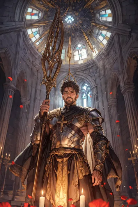 (best quality, masterpiece:1.2), 8k detailed cgi render, thick outlines, strong shadows, <lora:add_detail:0.75>,
(1man, masculine adult ancient greek male:1.2), dark brown eyes, natural blonde hair, undercut,
character focus, portrait, looking at viewer, solo, half shot, detailed background, detailed face, ( dark fantasy theme:1.1) holy religious leader, gentle expression, religious armor, purple crystalline symbols, headdress, dynamic pose, casting spell, church, altar, divine light, (candelabra:0.8), mural, sacred texts, embroidery, urn, petals, majestic atmosphere, silver, updraft,
<lora:granblue2:0.5>,