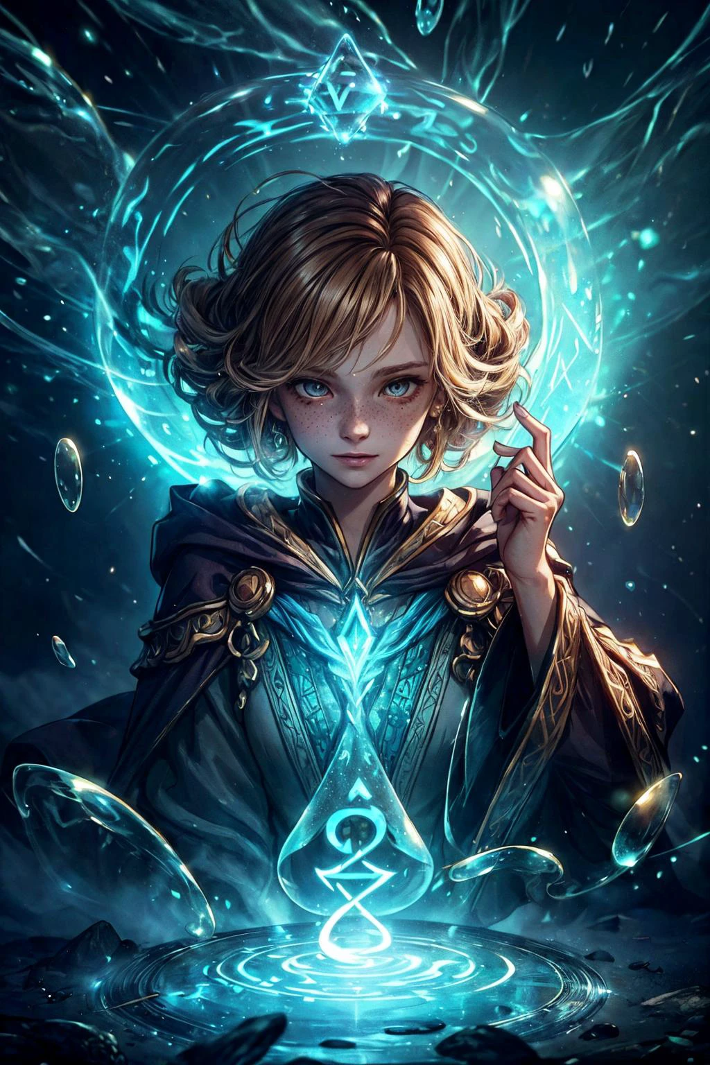 (best quality, masterpiece:1.2), 8k detailed cgi render, thick outlines, strong shadows, <lora:add_detail:0.75>,
1 girl, adult woman, freckles, brown eyes, dark blonde drill hair,
(style-swirlmagic:0.8), solo, half shot, looking down, detailed background, detailed face, (<lora:GlowingRunesAIV3:0.6>, GlowingRunesAI_paleblue, glowing runes theme:1.1), bubble-wizard, happy, dynamic pose, colorful sorcerer robes, surrounded by bubbles, large bubbles, wisps of magic, foam, reflections, swirling bubbles, mystical, ethereal aura, bubbles in background, intricate patterns, sunshine, fog, ethereal atmosphere,