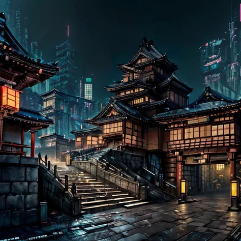 (masterpiece, high quality, high detailed:1.4) ,no humans, night, architecture, scenery,(cyberpunk japanese castle:1.3), outdoors, dark sky, tree, wall, stone wall, building, stairs, rooftop, (neon street:1.2)