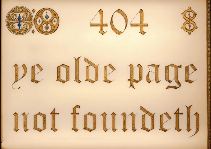 Worn medieval manuscript, old vellum scroll with Old English Text font reading '404 ye olde page not foundeth', masterpiece calligraphy