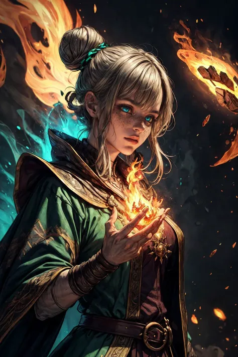 (best quality, masterpiece:1.2), photorealistic, thick outlines, strong shadows, <lora:add_detail:0.75>,
1 girl, adult czech woman, freckles, turquoise eyes, silver bun hair,
looking up, solo, upper body, detailed background, detailed face, (medieval high fantasy theme:1.1) evil sorcerer, tattered light brown magical robes, sinister smirk, green color scheme, dark green light, library,  glowing magical text,  dark atmosphere, shadows, realistic lighting, floating particles, embers, surrounded by fire, <lora:Fire_VFX:0.4>, casting spell,  (thick melting candles:0.8), red arcane symbols,   bloom,