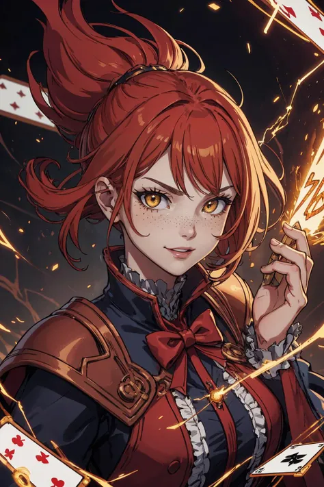 beautiful, linework, thick outlines, strong shadows, <lora:detail_slider_v4:1.0>,
1 girl, adult woman, freckles, yellow eyes, copper twin drills hair,
portrait, solo, upper body, detailed background, detailed face, (victorian theme:1.1), wide smile, (card-wizard:1.05), swindler, dark red magician outfit, dynamic pose, (cards floating in the air:1.15), <lora:LightingVFX:0.2>, lightning in background, updraft, ethereal atmosphere,