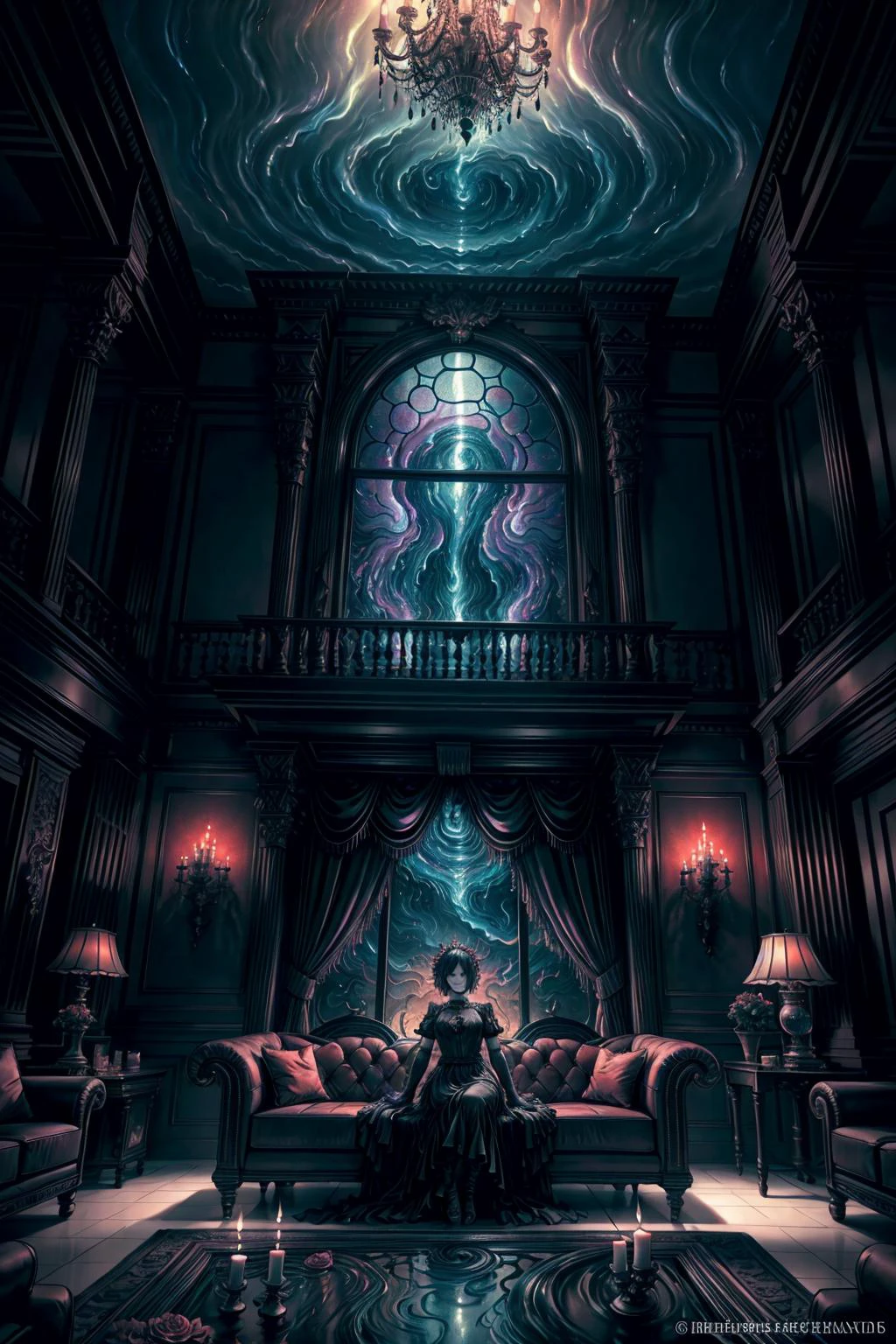 ((best quality, masterpiece)),
Architectural digest photo style-swirlmagic,
epic stunning, black (gothic:1.2) living room, sunlight, (plants) on the window, fireplace, candles, night, red sofa,
<lora:more_details:0.5>